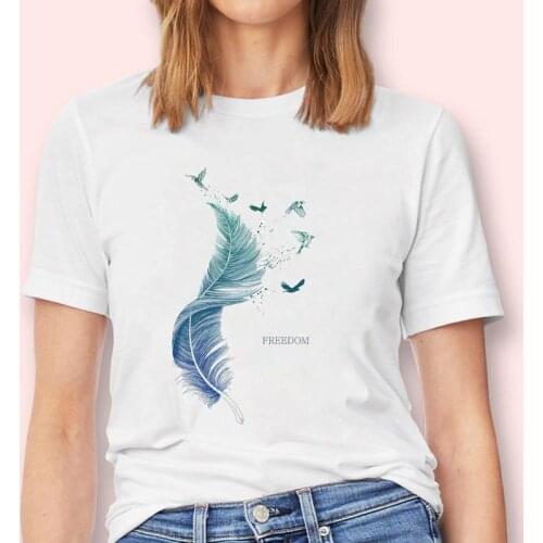 Women Feather Casual Trend Lovely Aesthetic New Fashion Graphic Female Tops Tees Tshirt T-Shirt Lady Cartoon Print Clothes