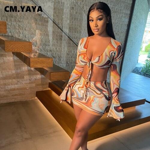 CM.YAYA Women Skirts Set Print Mesh Full Flare Sleeve Bandage V-neck Crop Tops Sheath Elastic Mini Skirt 2 Piece Set Sexy Outfit