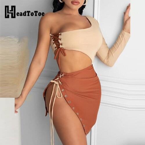 One Shoulder Eyelet Lace-up Colorblock Slit Bodycon Dress Women Summer Dress