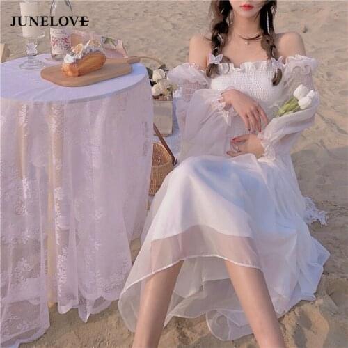 2021 Summer Elegant Casual Fairy Dress Female Beach One Piece Dress Korean Chiffon Lace French Vintage Midi Dess Women Chic