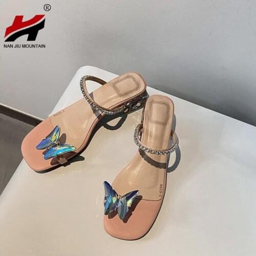 2021 Summer Women Sandals Rhinestone Slippers Bowknot Women Shoes Mid Heel Slippers Outdoor Bow Flat Toe