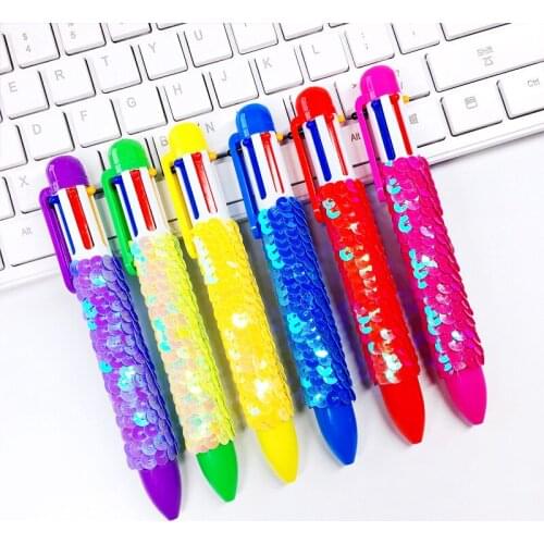 24PCS Creative Six-Color Sequined Ballpoint Pen Fish Scale Multi-Color Pen Multi-Function Click Student Color Oil Pen Stationery