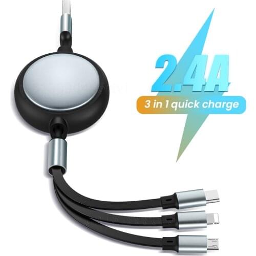 3in1 USB Cable for iPhone 12 Pro Max Micro USB Type C Cable 3 in 1 2.4A Retractable USB C Charging Cable For Samsung S9 120cm