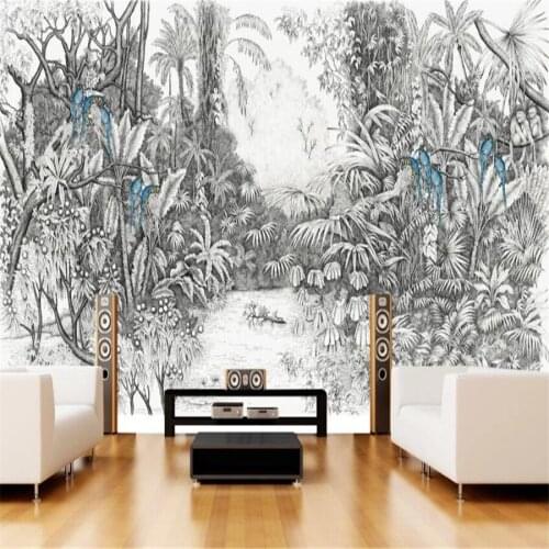 Customized 3D wallpaper mural European hand-painted rainforest parrot woods black and white background wall decoration painting