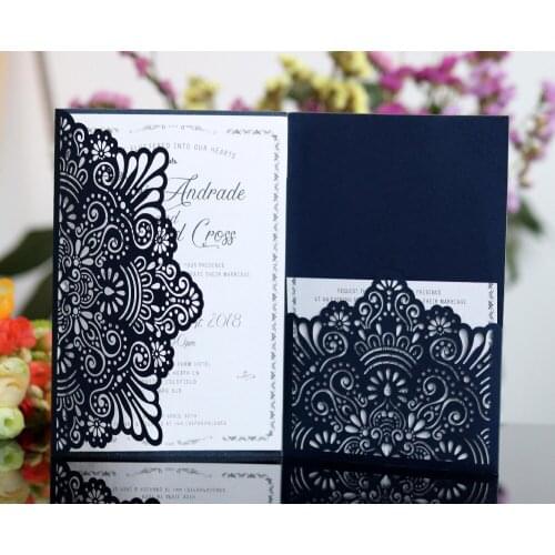 50pcs White Blue Horizontal Laser Cut Wedding Invitations Cards with RSVP Cards Pearl Paper Cardstock Free Printing