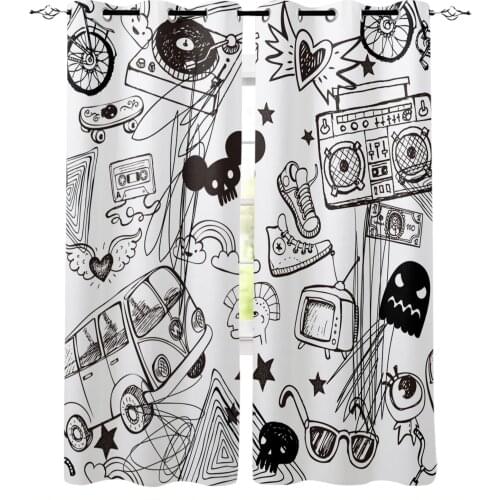 White Cartoon Doodling Windows Curtains For Living Room Bedroom Decorative Kitchen Curtains Drapes Treatments