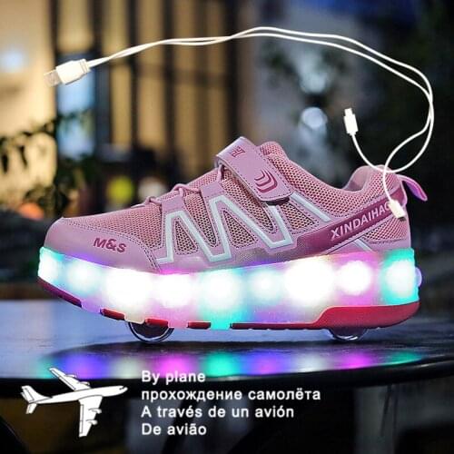 Roller Sneakers for Kids Boys Size 28-40 LED Light Up Shoes with Double Wheels USB Charging Skate Shoes for Children Boys Girls