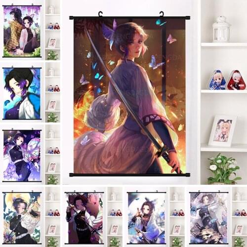 Canvas Prints Cartoon Japanese Painting Anime Character Hanging Plastic Scroll Picture Wall Art Butterfly Girl Poster Decor Home