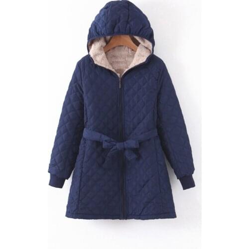 Ladies jacket autumn and winter new style loose with belt diamond hooded cotton jacket