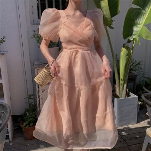 Summer French Temperament Dress Sweet V-Neck Tender Girl Short Puff Sleeve Dress Gauze Bandage Bow Dress Women Party Dresses
