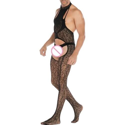 New Arrive Lace Lingerie Boy Friend Hanging Neck Nightwear Man Open Crotch Sleepwear Mens Backless Jumpsuit Sexy Male Bodysuit