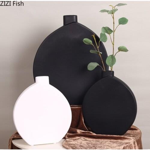 Home Ceramic Vase Crafts Solid Color Ceramic Flat Bottle Vase Creative Flower Arrangement Ornaments Desktop Vase Decoration