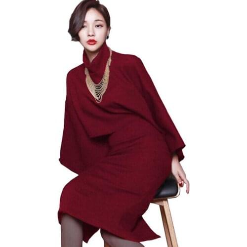 Wsfs 2 Pieces Set Dresses Black Red Gray Batwing Sleeve Turtleneck Bandage Women Dress Office Sexy Party Pencil Midi Long Dress