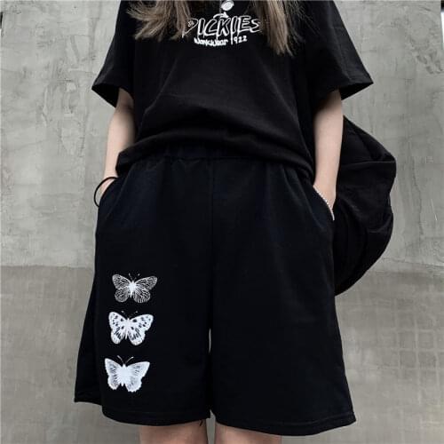 Womens shorts summer ins butterfly print loose punk style straight wide-leg pants street style Harajuku sports shorts Korean