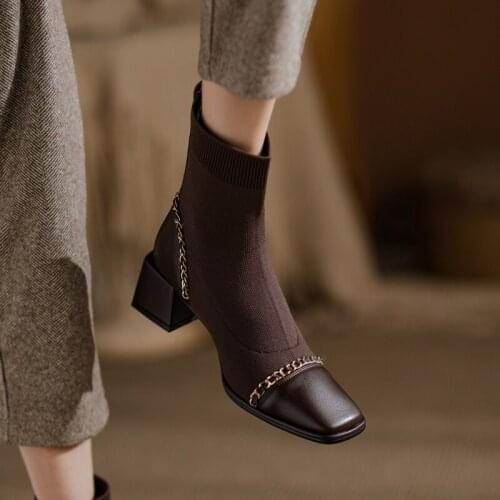 2021 Women Shoes Women Boots Winter Ankle Boots Zapatos De Mujer Womens Genuine Leather fur boots 3cm Heels Stretch Sock boots