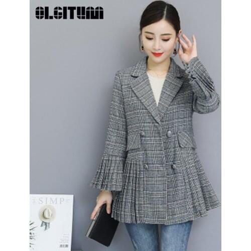 New 2020 Autumn and Winter Long Chic Slim Style Outwear Pleated Trumpet Sleeves Check Elegant Office Lady Blazer
