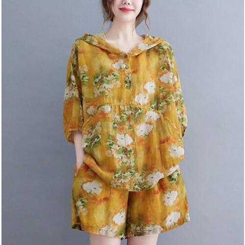 Cotton Linen 2 Piece Sets Women Casual Short Pants Suits 2021 Vintage Summer Outfit Floral Print Loose Female Hooded Tops Shorts