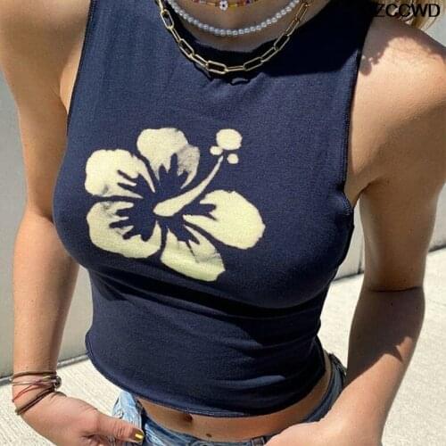 Dark Blue Floral Aesthetic Tank Tops Corset Top Vintage Seeveless O Neck Crop Top Women Contrast Summer Harajuku Y2k Cute Tee