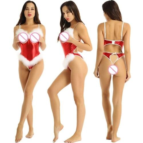 Women Shiny Metallic Christmas Party Sexy Costumes Lingerie Open Cup Crotchless Teddy Bodysuit Sexy Ladies Xmas Exotic Nightwear