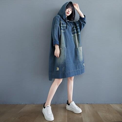 Size 4XL 120kg Women Autumn Denim Dress Casual Loose Vintage Hoodies Dress Long Sleeve Large Dress for Women