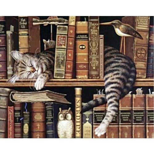 5d diy Diamond painting Cross Stitch Set Diamond Embroidery Bookshelf Cat Picture Diamond Mosaic Pattern diamond mazayka 5d Gift