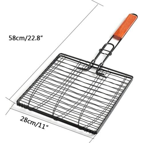 Anti-Stick Triple Fish Broken Basket, Fish BBQ Equipment with Wooden Handle, Outdoor for Barbecue, DIY grill cover