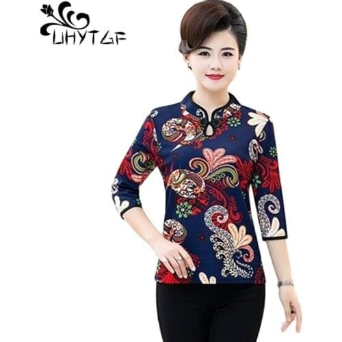 UHYTGF Elegant Mother Spring Summer T-Shirt Middle-Aged Womens Clothing Printing Vintage Casual Tops Female 5XL Plus Size 1477