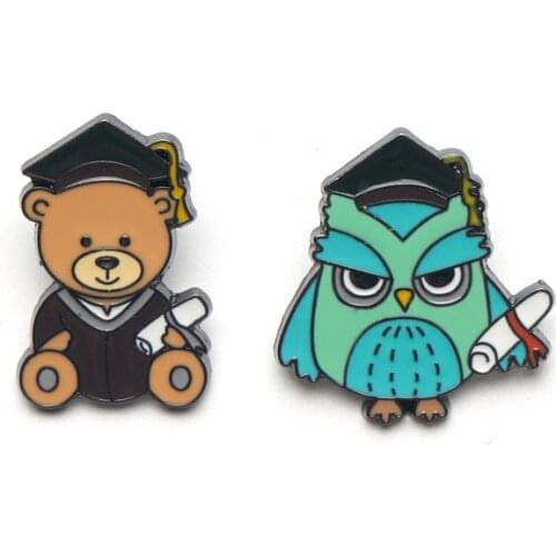 Bear Owl Enamel Pins Cartoon Bachelor Hat Brooches Lapel Pin Shirt Bag Funny Animal Badge Jewelry Graduation Gift Friends