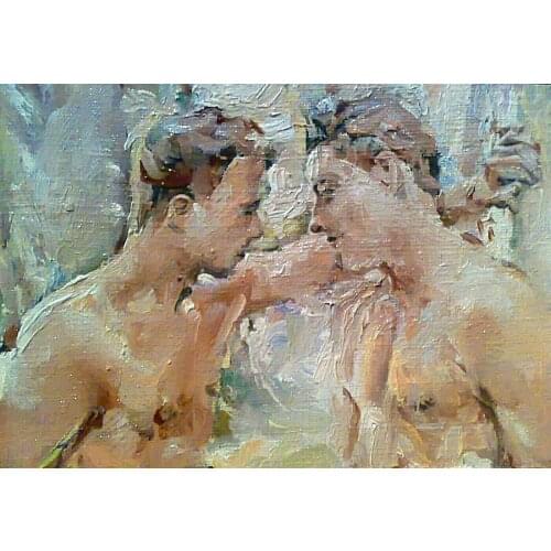 100%Handmade Oil Painting Hand Original art,gay interest,male torso model body men,boys kiss embrace love 4