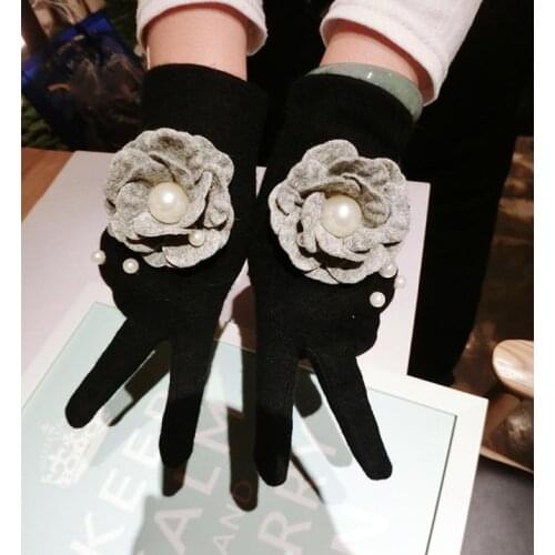 Cashmere Gloves Gray Woolen Camellia Three-Pearl Cashmere Finger Gloves Women Korean Winter Fashion Warm Gloves