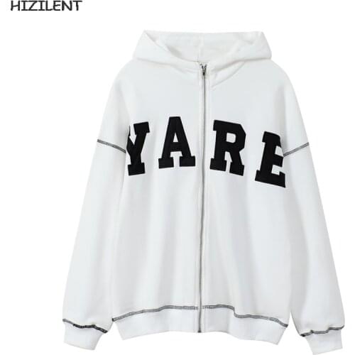 Zip-up Y2K Harajuku Korean style loose letter print goth Grunge long-sleeved hooded coat solid color Bright line vintage jacket