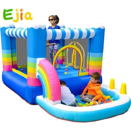 Indoor Rainbow Cloud Inflatable Bounce Castle Jumper Bouncer House With 350W Blower, Inflatable Ball Pool Slide Game For Kids
