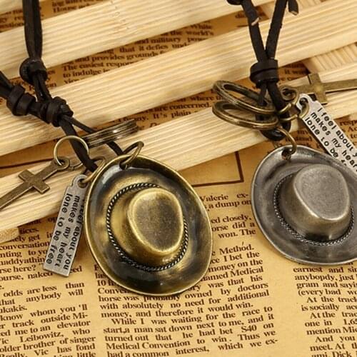 Wholesale Vintage Statement Necklace for Men and Women Cap Cross Circle Charm Genius Leather Rope Long Necklace Best Souvenir