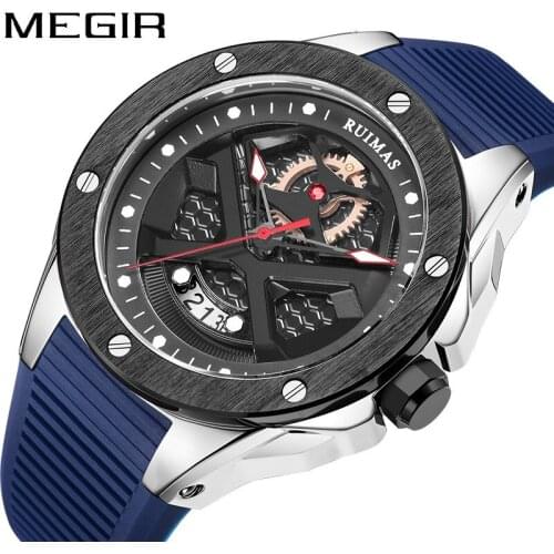Ruimas Original Mens Sport Japan Quartz Wristwatches Gear Design Silicone Band Calendar Multi Function Fashion Casual Male Clock