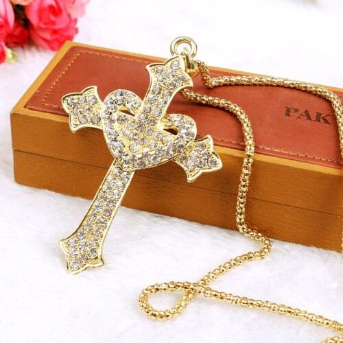 Rhinestone heart cross necklaces & pendants gothic gold color CNANIYA jewelry sweater accessories necklace long/neckless/neclace
