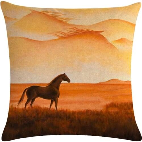 Animal Linen Cushion Cover Horse and Grassland Pillow Case for Sofa Seat Couch Bedroom Decorative Covers Home Living Room Decor