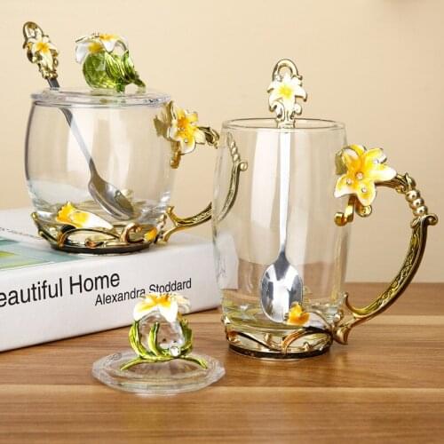 Christmas Birthday Gift Flower Glass Cup Set Water Tea Cup with Spoon Lid Home Office Breakfast Milk Juice Drinkware Coffee Mug