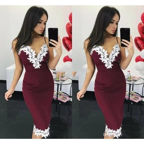 Sexy Dark Red Mermaid Cocktail Dresses 2020 Spaghetti Straps Appliques Fitted Arabic Prom Party Gowns Cheap robe de soiree