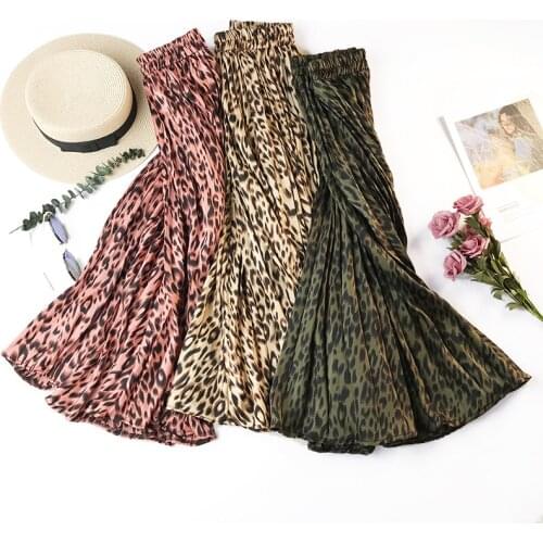 Midi Long Leopard Print Pleated Skirts Women 2019 Autumn Winter Korean Elegant High Waist A-line Fashion Skirt Female
