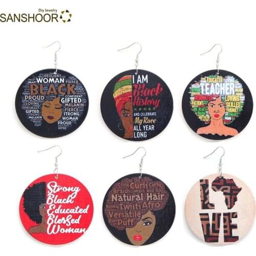 SANSHOOR Positive Black Sayings Earrings Black Woman with Curls Natural Hair Printed Wooden Earrings 6Pairs