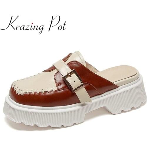 Krazing Pot genuine leather mixed color thick bottom vintage daily wear streetwear high heel gladiator slip on women slipper L65