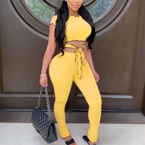 Ruffles Women Two Piece Sets Sexy Short Sleeve Matching Set Female Crop Tops And Long Pants Casual Streetwear Tracksuits