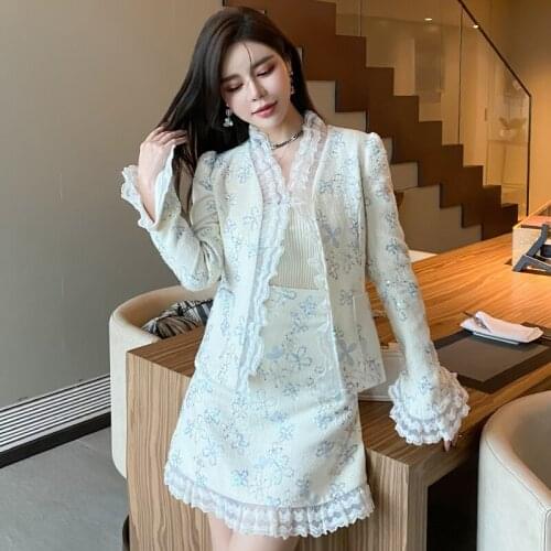 High Quality Autumn Winter Sequins Tweed 2 Piece Set Women Ruffles Flared Sleeves Woolen Blazer Jacket + Mini Skirt Suits
