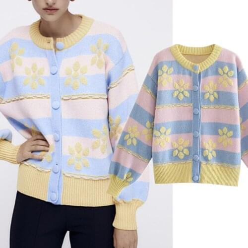 Jenny&Dave Winter Sweaters Women High Street Vintage Flower Jacquard Loose Oneck Cute Sweaters Women Knitted Jacket Women Coat