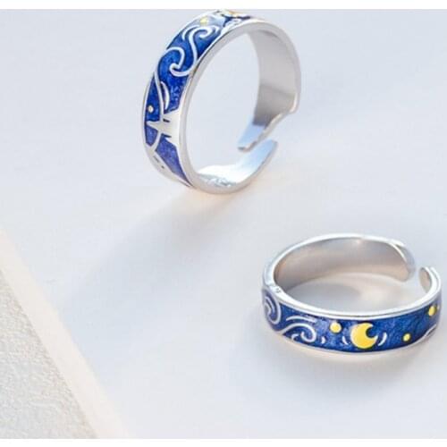Van Gogh Starry Sky Ring Ladies Mens Simple Design Silver Couple Blue Starry Sky Opening Ring Party Jewelry Valentine Day Gift