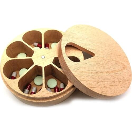 1PCS Pill Case Storage Box Solid Wood Pill Box Compartment Weekly Medicine Tablet Dispenser Splitters 7-day Pill Box