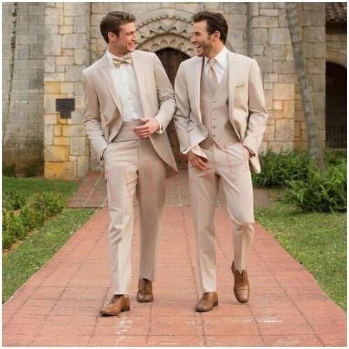 2021 Classic Beige Men Suits for Wedding Dinner Tailored Best Man Groom Marriage Clothes Slim fit Dress Blazer With Pants Set