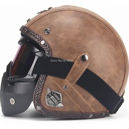 2021 New Open Face 3/4 Motorcycle Helmet PU Leather Retro Motorbike Helm Moto Bike Motocross Helmets With For Men Women