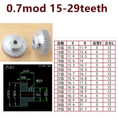 3pcs Convex step aluminum alloy 0.7 mod 20 21 22 23 24 25 26 27 28 29 tooth involute cylindrical gear