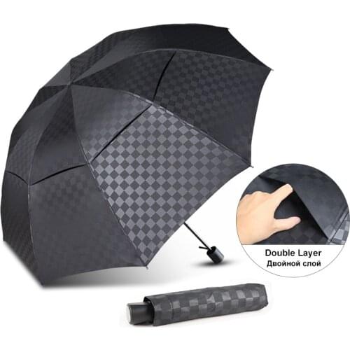 Double Layer Dark Grid Big Umbrella Rain Women Men 3Folding 10K Windproof Business Umbrellas Male Parasol Family Travel Paraguas